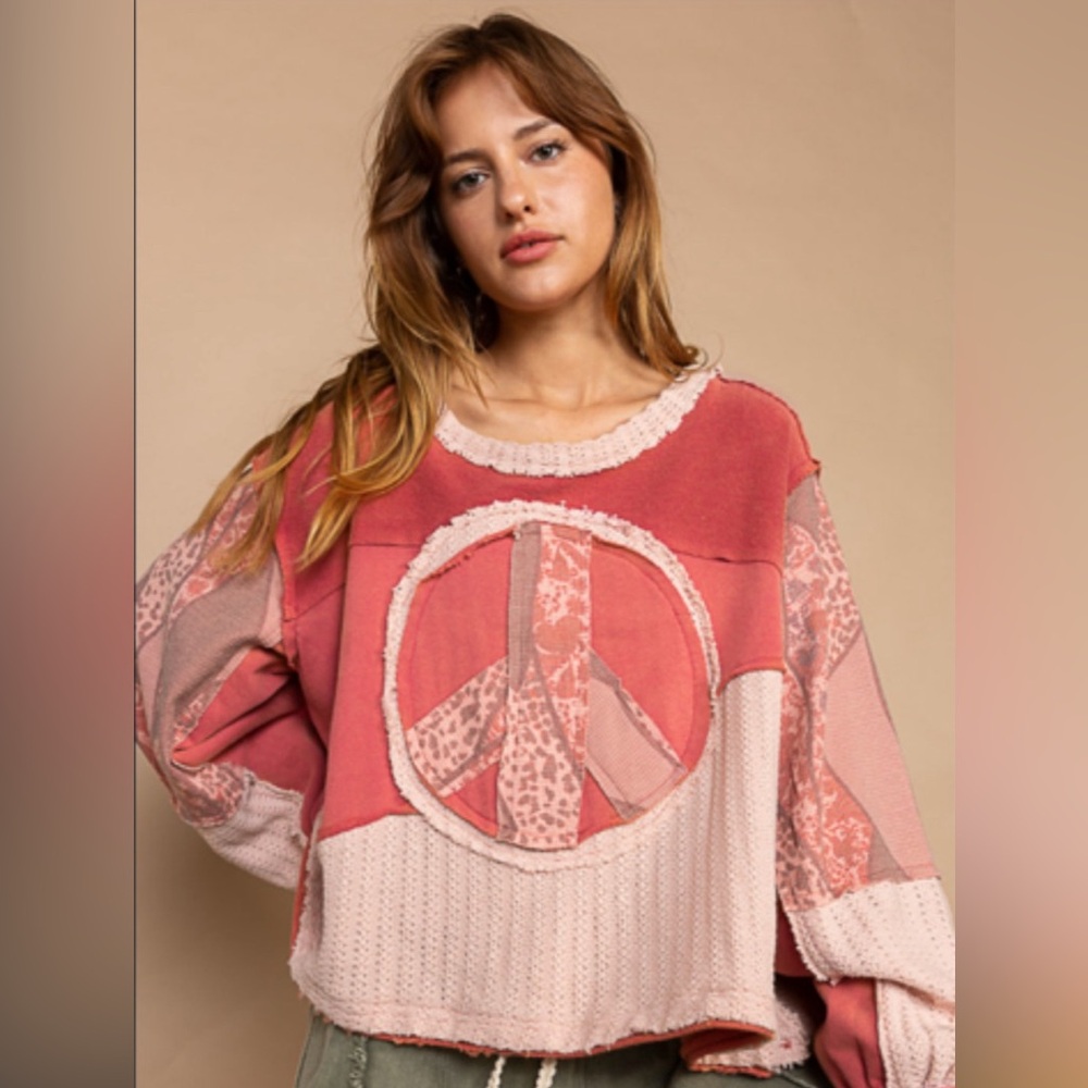 POL Patchwork Peace Sign Waffle Sweater